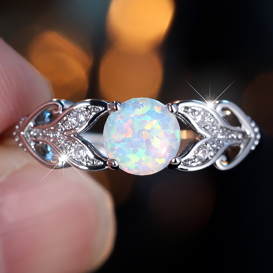 Women's Blingbling Elegant Four-Prong Synthetic Opal Ring